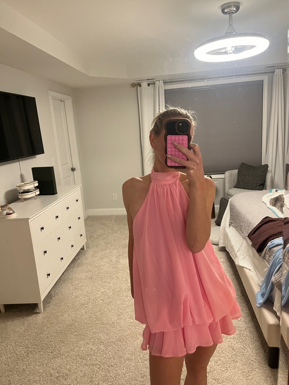 Pink Halter Chiffon Layered Mini Dress/ romper - Picture 4 of 8